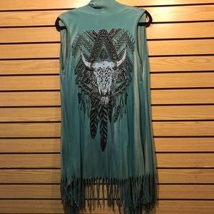 Turquoise Rhinestone Studded Texas Longhorn Shaw